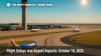 Austin airfield with control tower and taxiing jets suggests moderate flight delays on October 16, 2025.