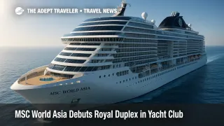 MSC World Asia's bow and Yacht Club foredeck under clear skies, highlighting the expanded MSC Yacht Club amenities.
