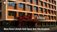 Nhow Roma lifestyle hotel entrance near Villa Borghese with bold contemporary design and signage in view.