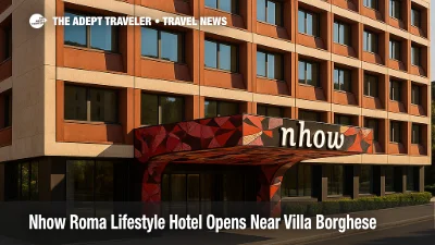 Nhow Roma lifestyle hotel entrance near Villa Borghese with bold contemporary design and signage in view.