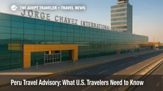 Jorge Chávez International Airport curbside under clear skies, illustrating Peru travel advisory guidance and airport timing needs.
