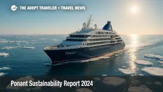 A Ponant expedition ship navigates polar ice, illustrating Blue Horizon goals and the Ponant sustainability report 2024.
