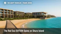 The Red Sea EDITION on Shura Island faces turquoise water and Shura Links, showcasing the resort's beachfront.