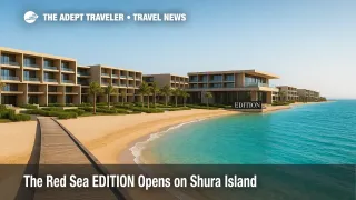 The Red Sea EDITION on Shura Island faces turquoise water and Shura Links, showcasing the resort's beachfront.