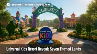 Colorful entry plaza at Universal Kids Resort with Isle of Curiosity gateway, signaling seven themed lands for families.