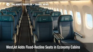 WestJet 737 cabin showing fixed-recline economy rows with Premium seats ahead, highlighting Extended Comfort options.