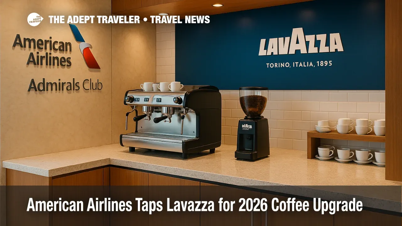 An American Airlines lounge coffee bar prepares Lavazza espresso drinks, highlighting the airline's new Lavazza partnership.