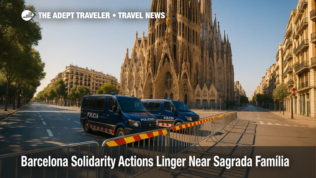 Central Barcelona near Sagrada Família with police cordons and barriers as solidarity actions slow traffic and access.