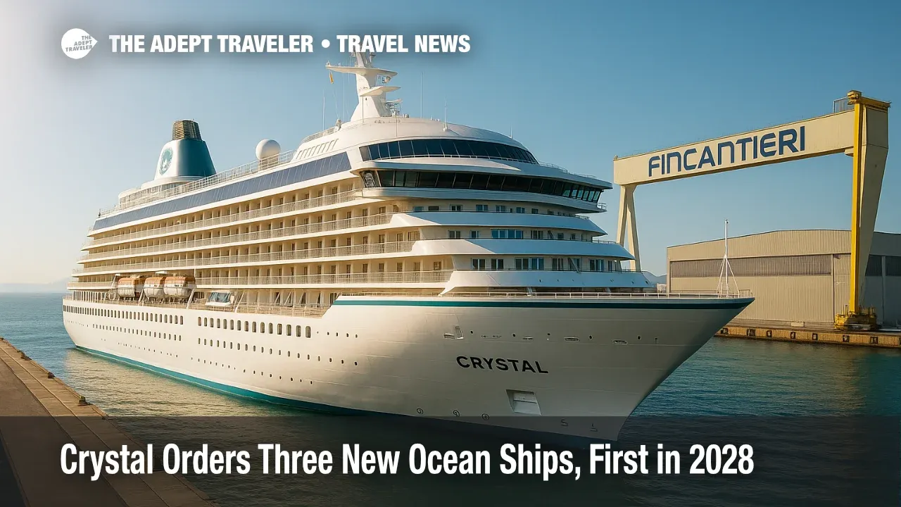 A Crystal newbuild rendering at a Fincantieri berth, showcasing a sub-700-guest luxury ship planned for 2028 delivery.