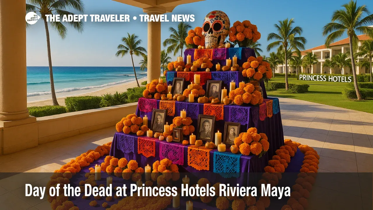 A vibrant Day of the Dead altar at a Riviera Maya resort with marigolds, candles, and photos, highlighting Princess Hotels' cultural celebration.