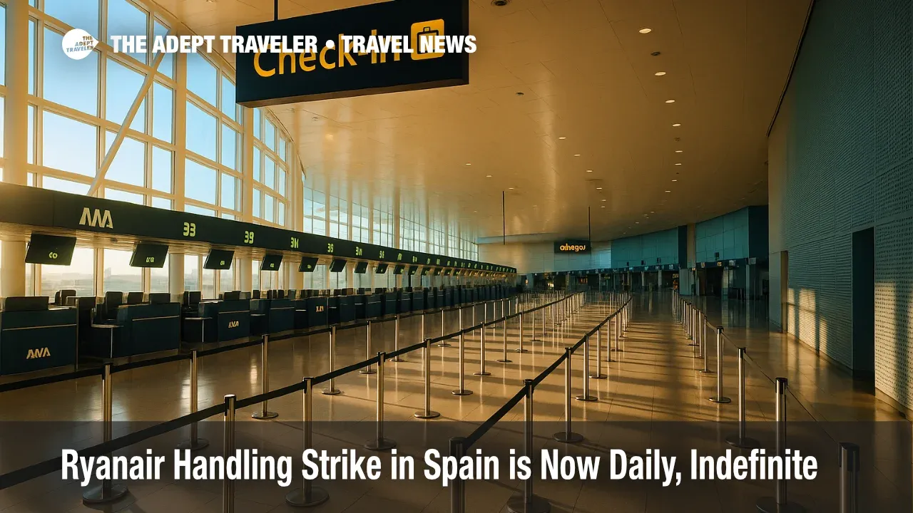 Ryanair check-in and bag drop counters in Spain during a handling strike, showing busy stanchions and counters with ground operations slowed.