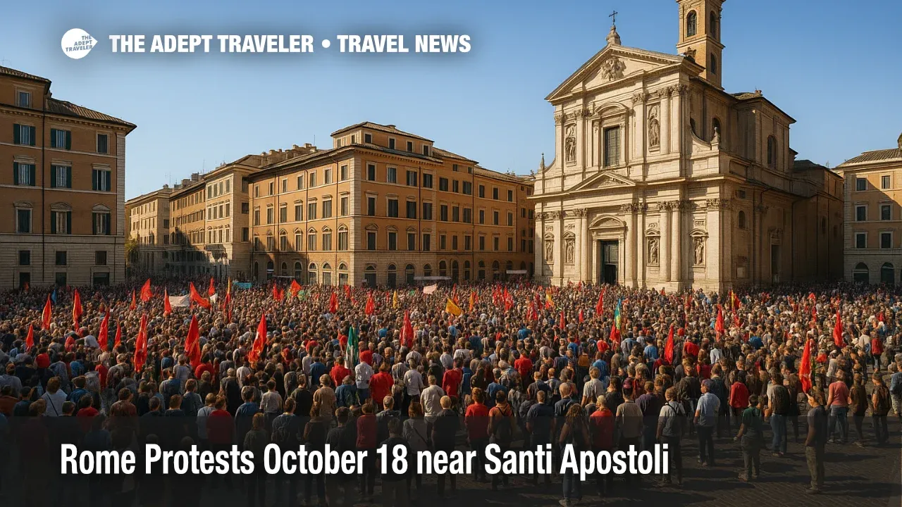 A crowd gathers in Rome's Piazza dei Santi Apostoli during October rallies, with closures affecting airport transfers and rail links.