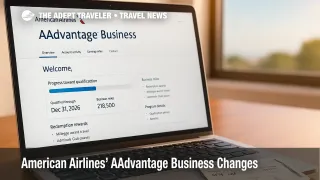 A laptop shows an AAdvantage Business dashboard while a boarding pass rests nearby, illustrating the 2026 calendar-year qualification change.