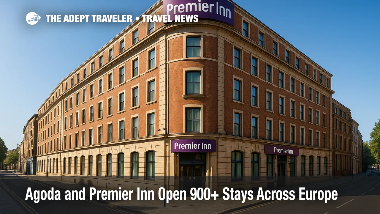 A Premier Inn city-center hotel facade in Europe, illustrating the Agoda and Premier Inn partnership expanding hotel options.