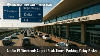 Austin Bergstrom terminal curbside with heavy vehicle flow and guidance signs, illustrating F1 weekend peak travel and AUS delay risks.