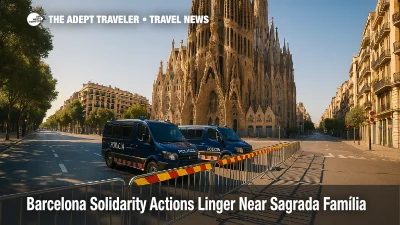 Central Barcelona near Sagrada Família with police cordons and barriers as solidarity actions slow traffic and access.