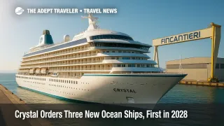 A Crystal newbuild rendering at a Fincantieri berth, showcasing a sub-700-guest luxury ship planned for 2028 delivery.