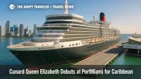 Cunard Queen Elizabeth docked at PortMiami ahead of two-season Caribbean cruises, with Miami skyline and calm harbor waters visible.
