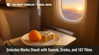Emirates Diwali celebrations feature motichoor laddu and pista rolls on an aircraft tray table beside a window, with festive ice entertainment available.