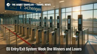 Automated e-gates and biometric kiosks at a Schengen airport illustrate the EU Entry/Exit System rollout.