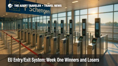 Automated e-gates and biometric kiosks at a Schengen airport illustrate the EU Entry/Exit System rollout.