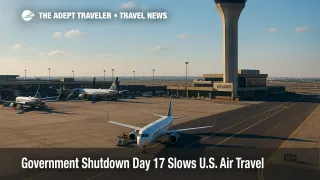 Newark Liberty's tower and ramp under gusty skies as government shutdown day 17 slows U.S. air travel and triggers FAA delay programs.