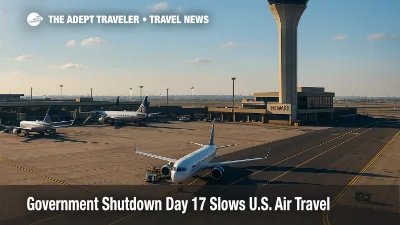 Newark Liberty's tower and ramp under gusty skies as government shutdown day 17 slows U.S. air travel and triggers FAA delay programs.