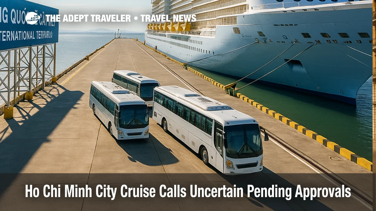 A cruise ship alongside at Cai Mep-Thi Vai with tour coaches staged on the pier, illustrating Ho Chi Minh City cruise calls uncertainty and port approvals.