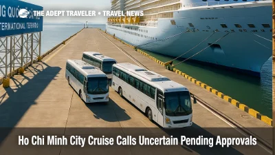 A cruise ship alongside at Cai Mep-Thi Vai with tour coaches staged on the pier, illustrating Ho Chi Minh City cruise calls uncertainty and port approvals.