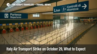 A busy Milan Linate departures hall shows staffed counters and clear signage, illustrating Italy air transport strike preparations and ENAC protected times.