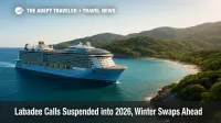 A Royal Caribbean ship passes Labadee's coastline as calls remain suspended into 2026, prompting Western Caribbean port swaps.