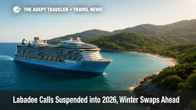 A Royal Caribbean ship passes Labadee's coastline as calls remain suspended into 2026, prompting Western Caribbean port swaps.