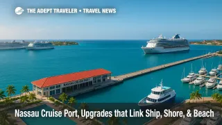 Nassau Cruise Port waterfront with new ferry terminal and marina expansion, highlighting Royal Beach Club transfers and visitor amenities.