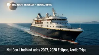 Small expedition ship National Geographic Orion under clear skies as travelers prepare for a solar eclipse cruise near Gibraltar.