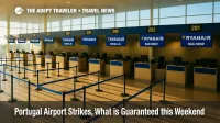 Wide view of Lisbon airport check-in hall during Portugal airport strikes, with stanchions and counters signaling slower handling.