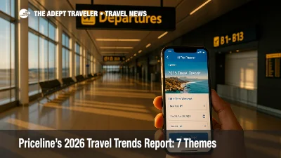 A bright airport concourse scene with a phone open to an AI trip planner, illustrating Priceline's 2026 travel trends and spontaneous weekend getaways.