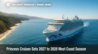 A Princess Cruises ship sails along a sunlit California coastline, showcasing the 2027 to 2028 West Coast season.