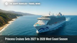 A Princess Cruises ship sails along a sunlit California coastline, showcasing the 2027 to 2028 West Coast season.