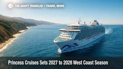 A Princess Cruises ship sails along a sunlit California coastline, showcasing the 2027 to 2028 West Coast season.