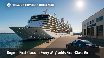 A Regent Seven Seas ship docks beside a terminal as a chauffeured sedan approaches, highlighting first-class air and Blacklane transfers.