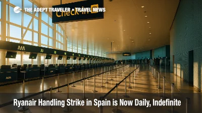Ryanair check-in and bag drop counters in Spain during a handling strike, showing busy stanchions and counters with ground operations slowed.
