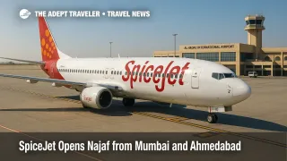 SpiceJet jet on the ramp at Al Najaf International Airport, illustrating new Najaf flights from Mumbai and Ahmedabad for pilgrim travel.