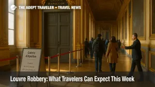 Closed Galerie d’Apollon at the Louvre after the robbery, with cordons and a conservation sign as staff redirect visitors.