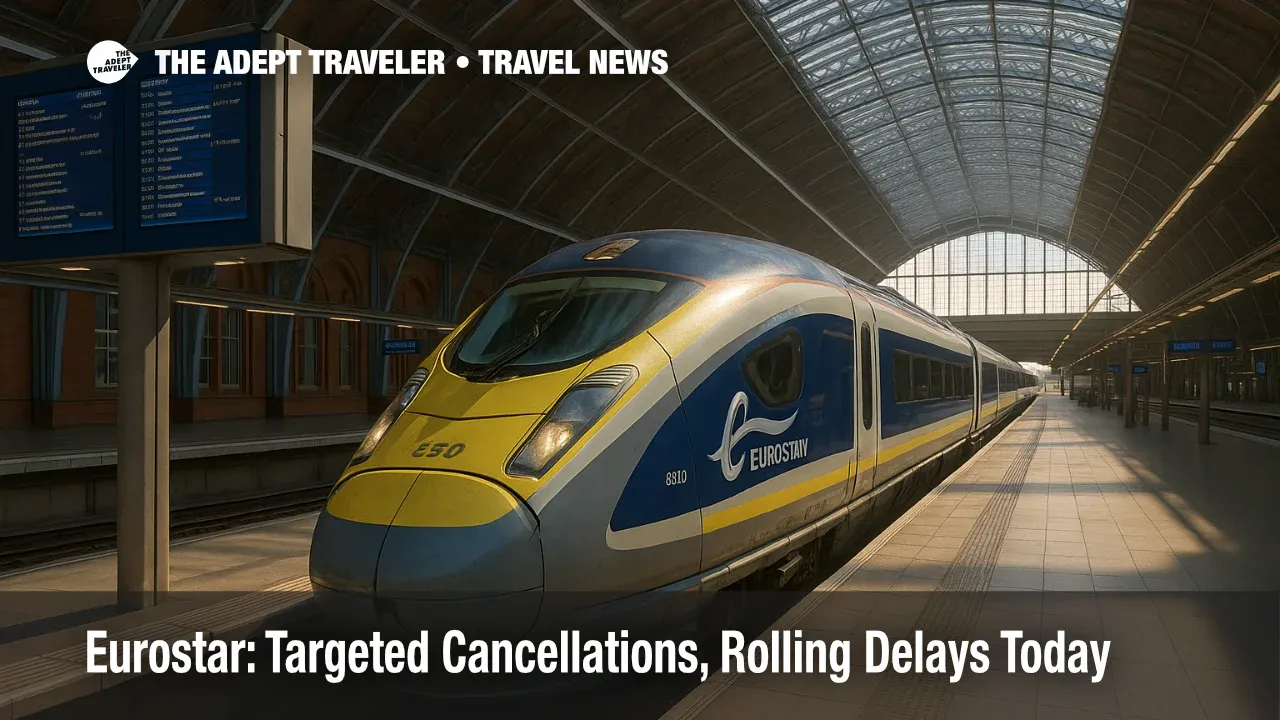 A Eurostar e320 stands under St Pancras departure boards as travelers face Eurostar cancellations and delays today across Amsterdam, Brussels, and Paris.