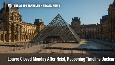 he Louvre Pyramid forecourt with closed entry points after the heist, emphasizing the Louvre closed Monday message.