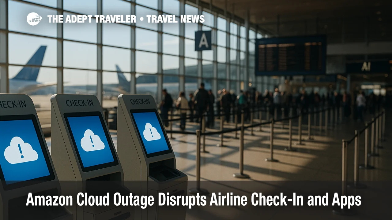 A wide airport concourse shows check-in kiosks displaying cloud error icons during an AWS outage, with dimmed departure boards and travelers forming short lines.