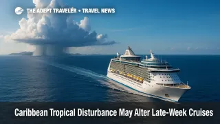 A Caribbean cruise ship veers from distant rain shafts, signaling a tropical disturbance and possible itinerary changes.