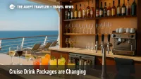 A pool-deck bar on a cruise ship shows mocktails, beer taps, wine, and coffee, illustrating evolving cruise drink packages and zero-proof choices.
