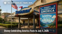 The Soarin' attraction entrance with patriotic signage at Disney California Adventure promotes Soarin' Across America during Disney Celebrating America.
