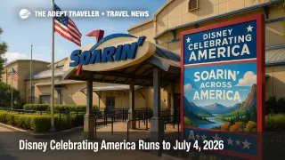 The Soarin' attraction entrance with patriotic signage at Disney California Adventure promotes Soarin' Across America during Disney Celebrating America.